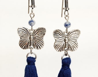 Butterfly Charm Earrings with Navy Blue Tassel and Sodalite Bead Accents, Nature Lover Gift, Silver Butterfly Woodland Jewelry