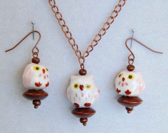 Pink and White Owls on a Copper Chain and Earrings, Cute Owl Jewelry Set or Your Choice of Components, Bird Necklace and Earrings