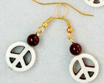 Peace Sign and Gemstone Earrings - Choice of Colors, Hippie Peace Sign Dangle Earrings, Groovy Retro 1960s Style Earrings