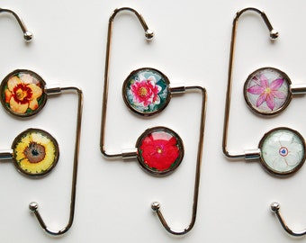 Purse Hanger Floral Photographic Art - Choose Image, Flower Purse Hook for Table, Sunflower, Daffodil, Waterlily, Rose, Daylily, Rain Lily