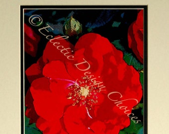 Mother's Day Rose - Matted Altered Photo, Red Rose Photographic Art Print, Botanical Art Print Home Decor