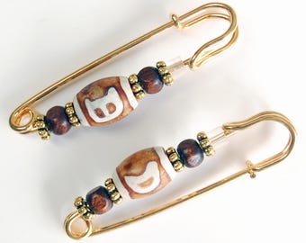 Ceramic Metal and Wood Golden Gathering Pin Pair, Brown and White Sleeve Bling Pin, Scarf Pin