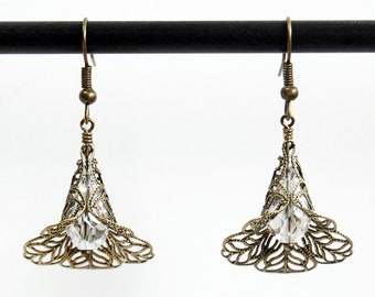 Brass Filigree Floral Earrings, Brass and Faceted Clear Crystal Dangle Earrings