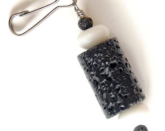 Black and White Zipper Pull, Lava Rock and Glass Bag Charm