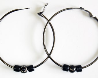 Extra Large Hoop Earrings with Beads, Copper or Gunmetal Plated 2 1/2 Inch Diameter Hoops