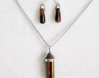 Tigers Eye Double Point Pendant Necklace and Dangle Earring Set