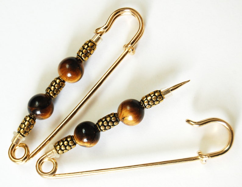 Tiger's Eye and Golden Accents Gathering Pin Pair, Earth Tone Sleeve Pin Accessory, Brown and Gold Scarf Pin image 2