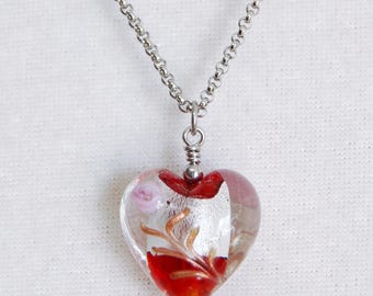 Red and Silver Floral Accent Lampwork  Heart Pendant on a Stainless Steel Chain with Optional Garnet and Clear Glass Heart Earrings
