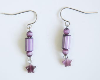 Purple Cat's Eye Earrings, Dangle Earrings with Tiny Stars