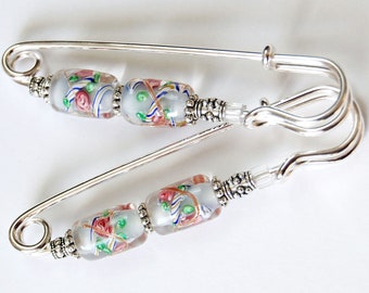 Silver with Dark Pink Roses Gathering Pin Pair, Lampwork and Metal Bead Sleeve Pin Pair, Sleeve Bling, Scarf Pin