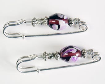 Glass and Metal Gathering Pin Pair, Purple and White Swirl Bead Scarf Pin