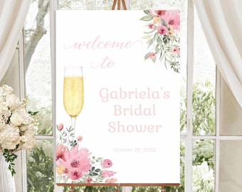 Petals and Prosecco Bridal Shower Welcome Sign, Champagne welcome sign, Wedding Shower, pink floral | PRINTABLE EDITABLE TEMPLATE | 138