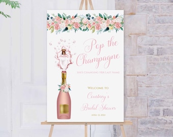 Pink Floral Bridal Shower Welcome Sign, Champagne Bridal Shower, Wedding Shower | PRINTABLE EDITABLE TEMPLATE | 112