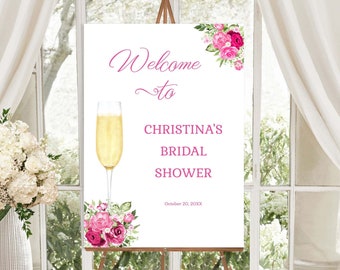 Hot Pink Floral Petals and Prosecco Bridal Shower Welcome Sign, Champagne welcome sign, Pink Flowers Wedding Shower Sign |  TEMPLATE | 198