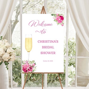 Hot Pink Floral Petals and Prosecco Bridal Shower Welcome Sign, Champagne welcome sign, Pink Flowers Wedding Shower Sign |  TEMPLATE | 198