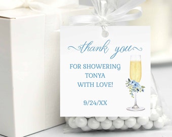 Blue Champagne Square Favor Tag, Petals and Prosecco Wedding Favor Tag, blue flowers floral | DOWNLOAD TEMPLATE 158