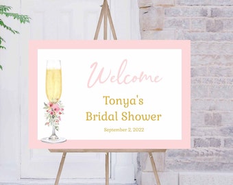Petals and Prosecco Bridal Shower Welcome Sign, Champagne Bridal Shower, Wedding Shower, pink floral | PRINTABLE EDITABLE TEMPLATE | 138