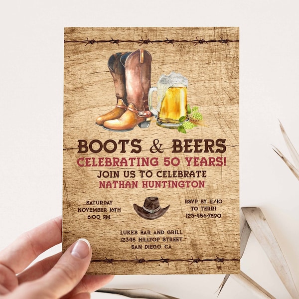 Cowboy Boots and Beer Rustic Birthday Party Invitation, Western, Country, Farm, 30th, 40th, 50th, 60th, 70th | EDITABLE PRINTABLE TEMPLATE