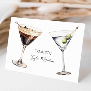 May include: Thank you card with a watercolor illustration of a martini and an espresso drink. The card says "Thank You Taylor & Jordan".