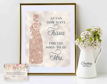 How Many Kisses Sign and Card, bridal shower, rose gold champagne bottle, pink flowers,  INSTANT DOWNLOAD #114