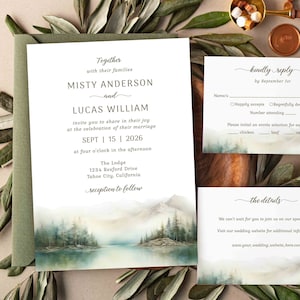 Mountain Wedding Invitation Template Set, Woodland Forest Pine Wedding Invite Suite, Rustic Sage Details Card, Printable RSVP, Download 398