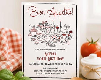 Italian Dinner Party Invitation Template, Pasta Pizza Wine Birthday Celebration Invite, Buon Appetito | TEMPLATE 622