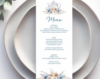 Tea Bridal Shower Menu, Wedding Menu, Teapot Brunch Menu, boho blue floral flowers | PRINTABLE EDITABLE TEMPLATE | 181