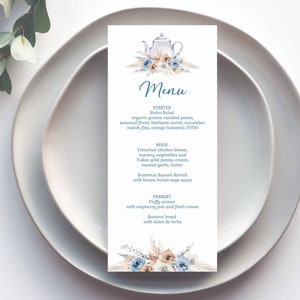 Tea Bridal Shower Menu, Wedding Menu, Teapot Brunch Menu, boho blue floral flowers | PRINTABLE EDITABLE TEMPLATE | 181