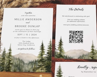 Mountain Wedding Invitation Template Set, Woodland Forest Pine Wedding Invite Suite, Rustic Sage Details Card, Printable RSVP, Download 295