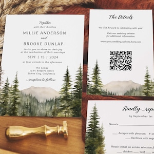 Mountain Wedding Invitation Template Set, Woodland Forest Pine Wedding Invite Suite, Rustic Sage Details Card, Printable RSVP, Download 295