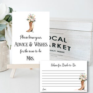 Advice for Bride to Be Card and Sign, Blush Cowboy Boots, pink floral flowers, rustic western cowgirl advice for bride EDITABLE TEMPLATE 191