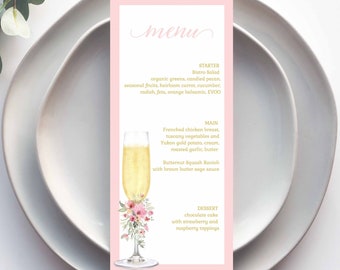 Pink Floral Bridal Shower Menu, Wedding Menu, Champagne Brunch Menu, Petals and Prosecco Bridal Shower | PRINTABLE EDITABLE TEMPLATE | 138