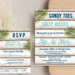 May include: A rustic wood-grain wedding invitation with palm leaves and the text "Sandy Toes Salty Kisses". The invitation includes the couple's names, wedding date, time, and location. The RSVP card includes a space for guests to provide their names and meal choices.