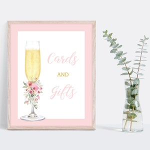 Cards and Gifts Sign, 8x10, champagne glass, pink florals, matches Petals and Prosecco invitation, DOWNLOAD EDITABLE TEMPLATE 138 image 1