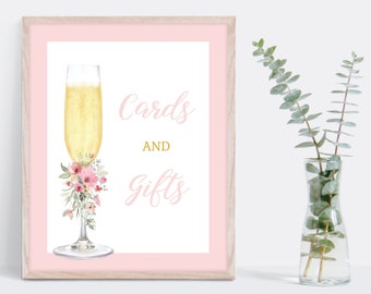 Cards and Gifts Sign, 8x10, champagne glass, pink florals, matches Petals and Prosecco invitation, DOWNLOAD EDITABLE TEMPLATE 138