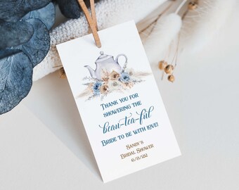 Bridal Shower Tea Hanging Favor Tag, personalize, matches Tea Bridal Shower invitation, boho blue floral flowers | PRINTABLE TEMPLATE 181