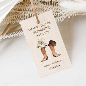 BLUSH Cowboy Boots Hanging Favor Tag, Rustic Country Wedding, Western Wedding Favor Tag, pink flowers floral HARPER TEMPLATE 172