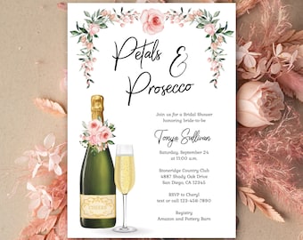 Petals and Prosecco Bridal Shower Invitation, Champagne Bridal Shower theme, Wedding Shower, blush pink floral flowers | TEMPLATE 273