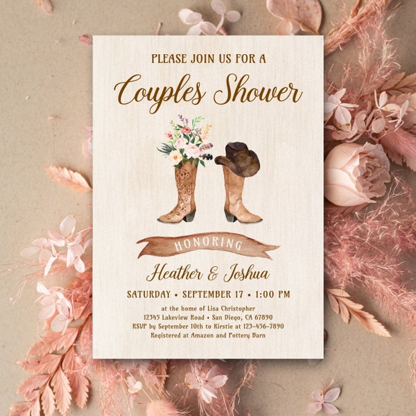 BLUSH PINK Cowboy Boots Couples Shower Invitation, Rustic Country Bridal Shower, Western Bridal Shower, farm, Boho Chic floral TEMPLATE 172