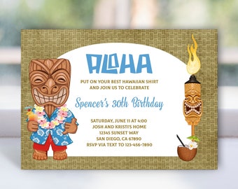 May include: A luau-themed birthday invitation with a cartoon tiki holding a tropical drink. The invitation reads "Aloha, Put on your best Hawaiian shirt and join us to celebrate Spencer's 30th Birthday. Saturday, June 11 at 4:00 Josh and Kristi's Home 12345 Sunset Way San Diego, CA 67890 RSVP via text to 123-456-7890"
