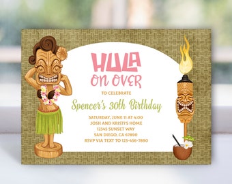Hawaiian Luau Birthday Party Invitation template for man, woman, Hula on Over Aloha invite, Tiki Tropical | PRINTABLE DOWNLOAD 241