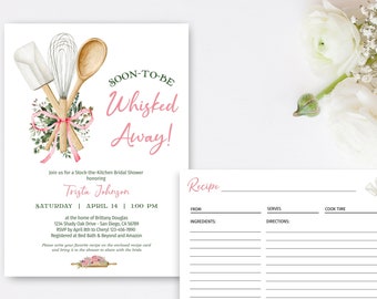 PINK Whisked Away Bridal Shower Invitation with recipe card, Stock the Kitchen, baking bridal shower theme invite DIGITAL TEMPLATE 169