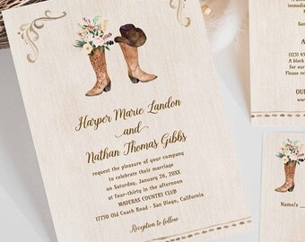 Blush Floral Cowboy Boots Wedding Invitation | Rustic Wedding Invite, Country Wedding, Western Wedding Invite| Printable Template HARPER 172