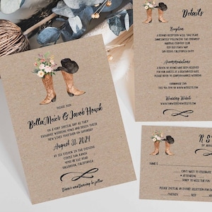 Cowboy Boot Rustic Wedding Invitation Set Suite | Country Wedding, Western Wedding, Barn Wedding, faux kraft background | BELLA TEMPLATE 177