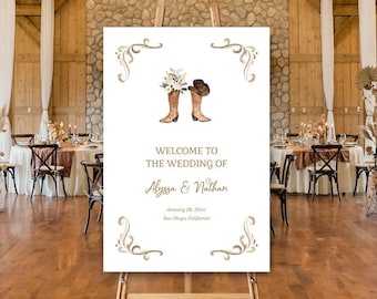 Blush Cowboy Boots Welcome Sign, Western Wedding Sign, Bridal Shower, Rehearsal Dinner, Rustic Country Barn Sign | EDITABLE TEMPLATE 171