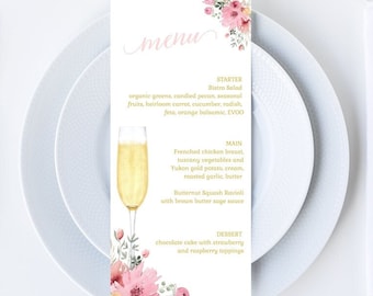 Pink Floral Bridal Shower Menu, Wedding Menu, Champagne Brunch Menu, Petals and Prosecco Bridal Shower | PRINTABLE EDITABLE TEMPLATE | 138