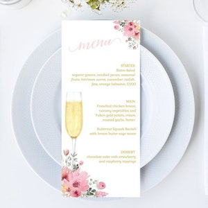 Pink Floral Bridal Shower Menu, Wedding Menu, Champagne Brunch Menu, Petals and Prosecco Bridal Shower PRINTABLE EDITABLE TEMPLATE 138 image 1