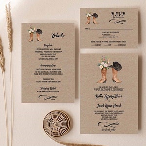 Cowboy Boot Rustic Wedding Invitation Set Suite | Country Wedding, Western Wedding, Barn Wedding, faux kraft background | BELLA TEMPLATE 177