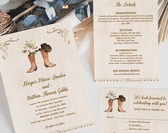 Blush Floral Cowboy Boots Wedding Invitation | Rustic Wedding Invite, Country Wedding, Western Wedding Invite| Printable Template HARPER 172