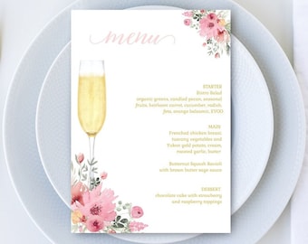 Pink Floral Bridal Shower Menu, Wedding Menu, Champagne Brunch Menu, Petals and Prosecco Bridal Shower | PRINTABLE EDITABLE TEMPLATE | 138
